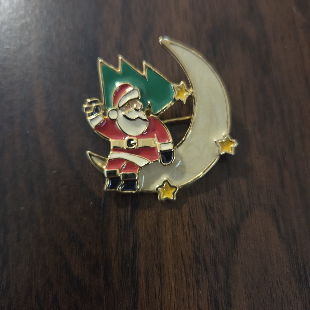 Edgar Berebi Vintage Signed Santa on Moon Brooch Pin Christmas Holiday